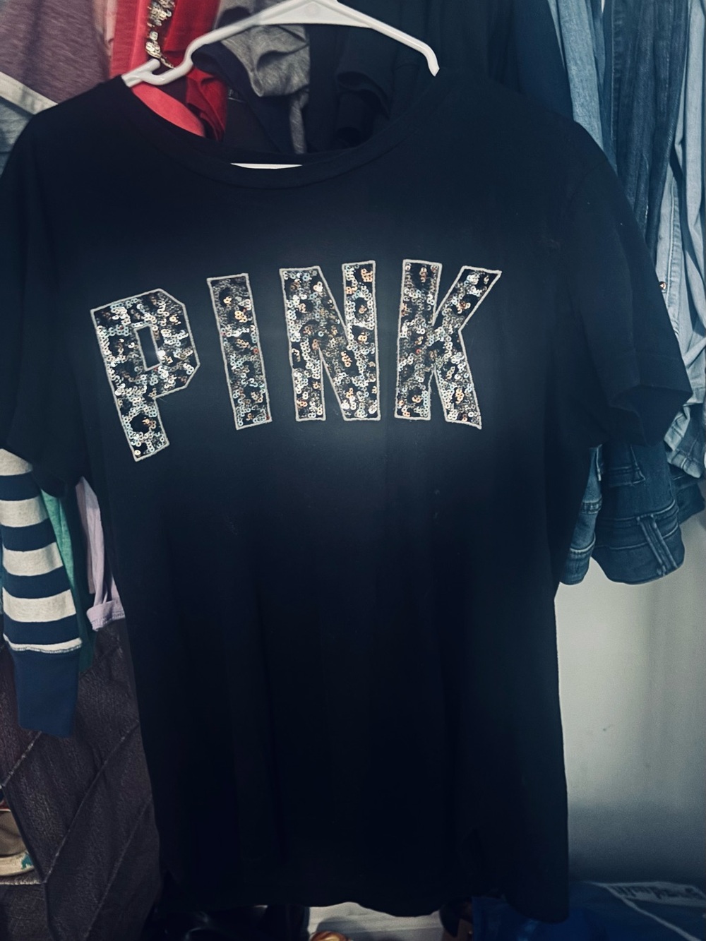 PINK Sequin Embellished Black Logo Tee